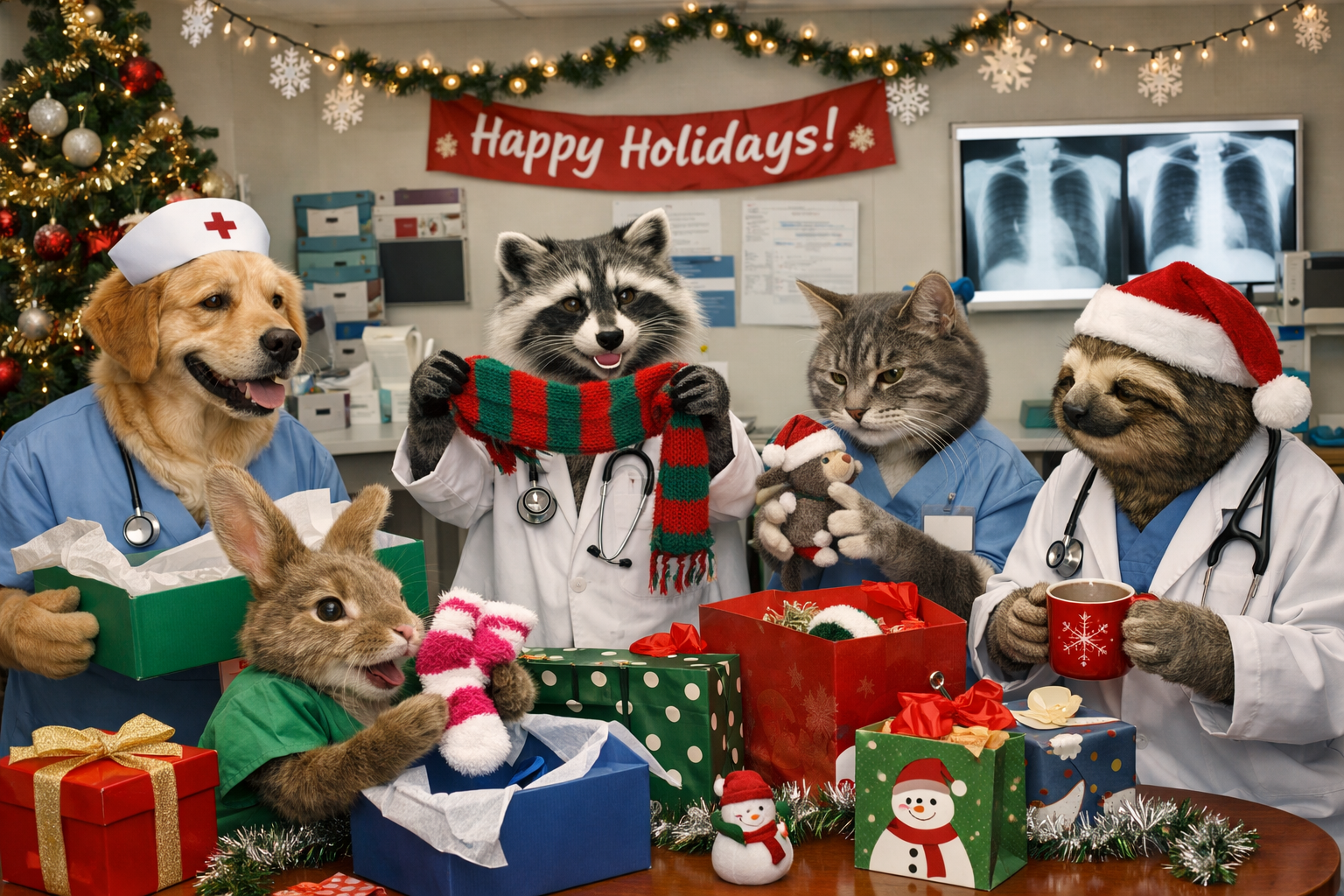 Realistic animals dressed as healthcare workers opening holiday gifts in a decorated hospital office.