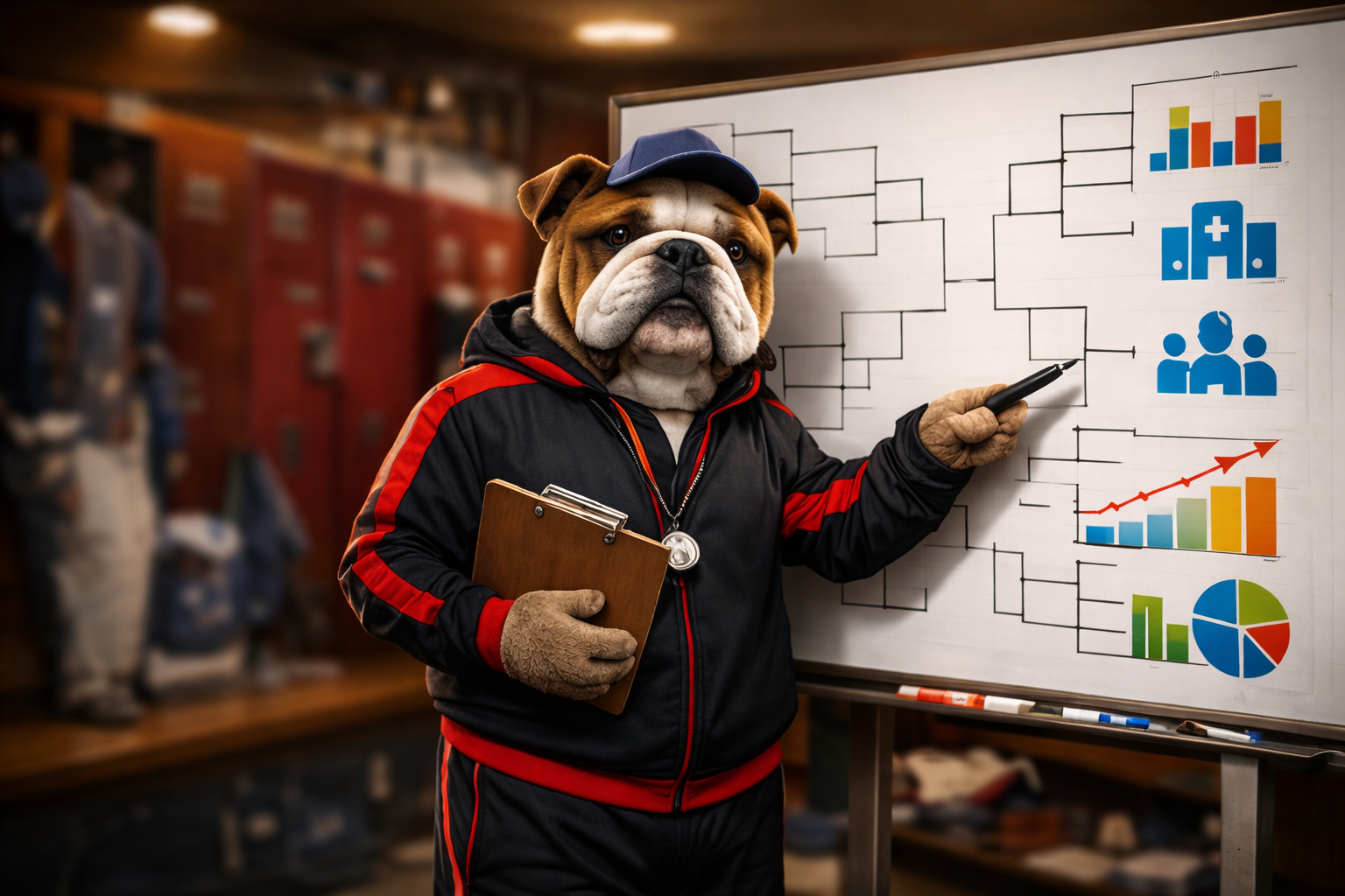Bulldog coach pointing at a tournament bracket and productivity charts on a whiteboard, representing leadership strategy and healthcare performance management.
